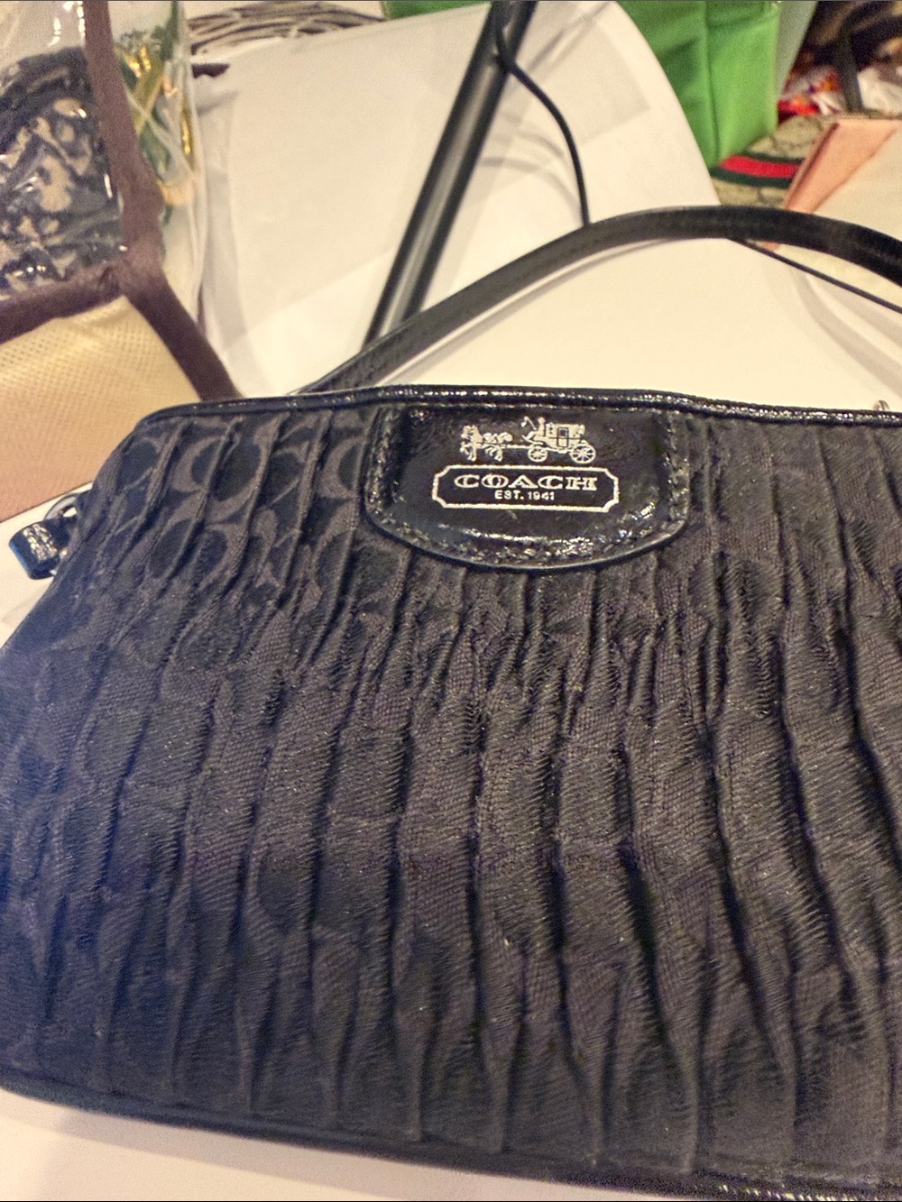 Coach Poppy Signature Sateen Ruched Wristlet Black Crossbody Bag